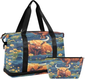 Highland Cattle Duffel Bag Lightweight Carry On Gym Bags for Travel and Weekends, Versatile Overnight Bag with Shoe Compartment