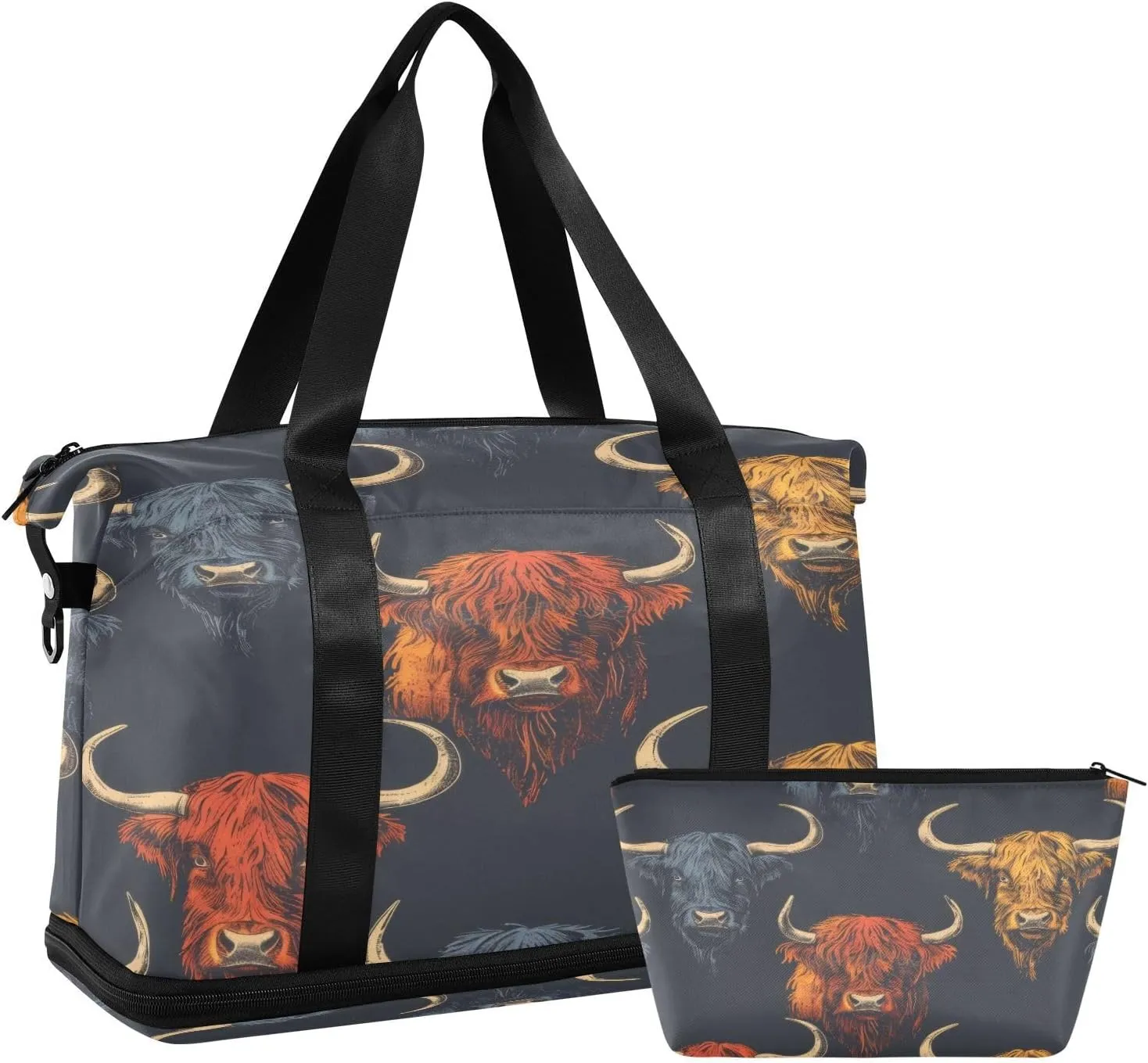 Highland Cattle Duffel Bag Lightweight Carry On Gym Bags for Travel and Weekends, Versatile Overnight Bag with Shoe Compartment