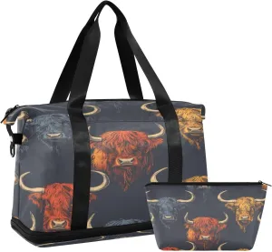 Highland Cattle Duffel Bag Lightweight Carry On Gym Bags for Travel and Weekends, Versatile Overnight Bag with Shoe Compartment