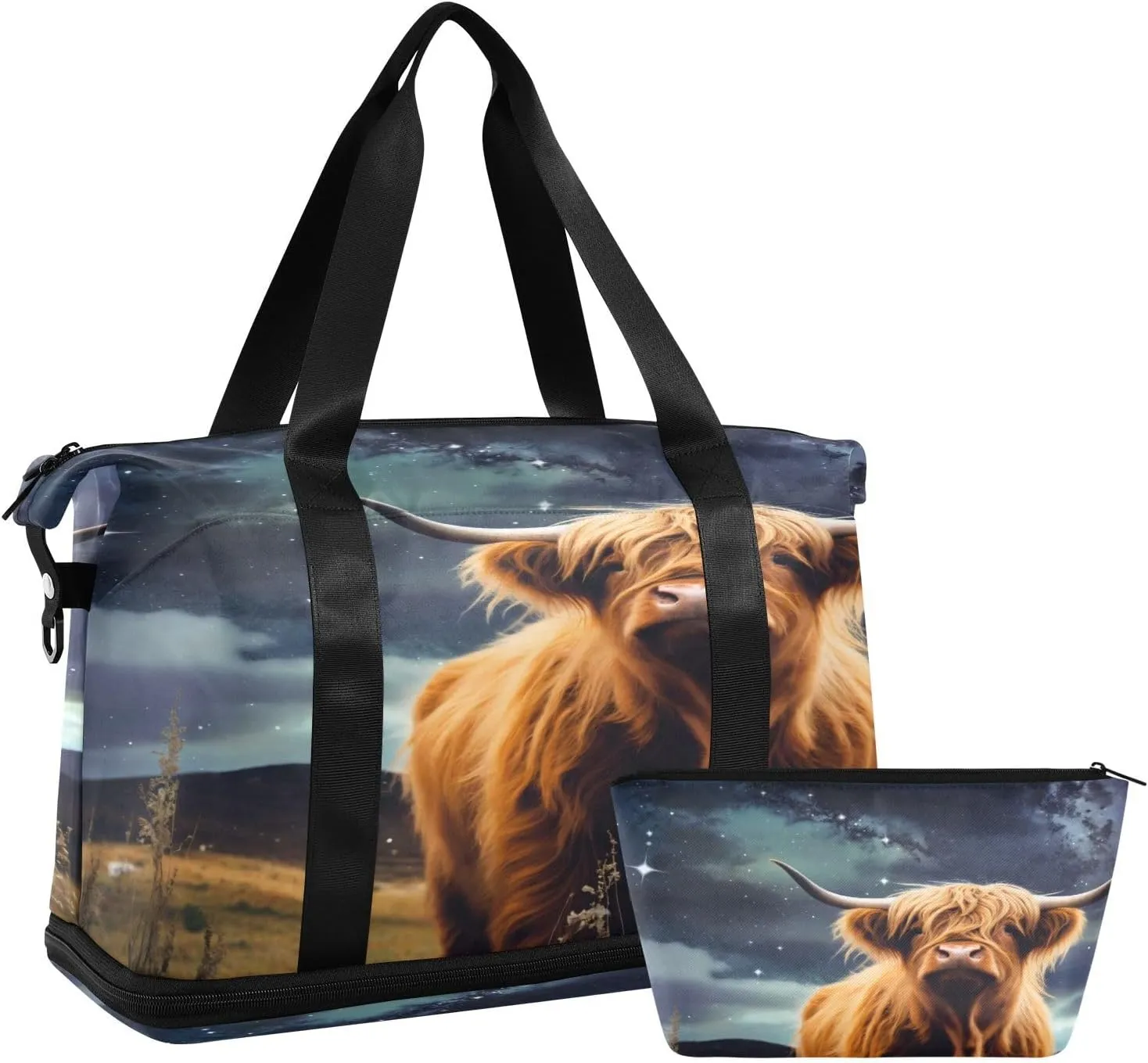 Highland Cattle Pattern Duffel Bag Lightweight Carry On Gym Bags for Travel and Weekends, Versatile Overnight Bag with Shoe Compartment