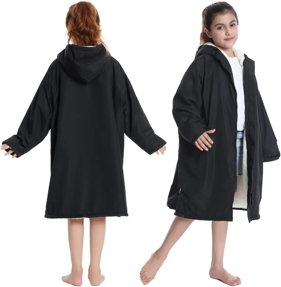 Hiturbo Warm Kids Swim Parka: Waterproof Changing Robe - Oversize Swimming Coat - Hooded Surf Poncho - Thick Lining (7-14Y)