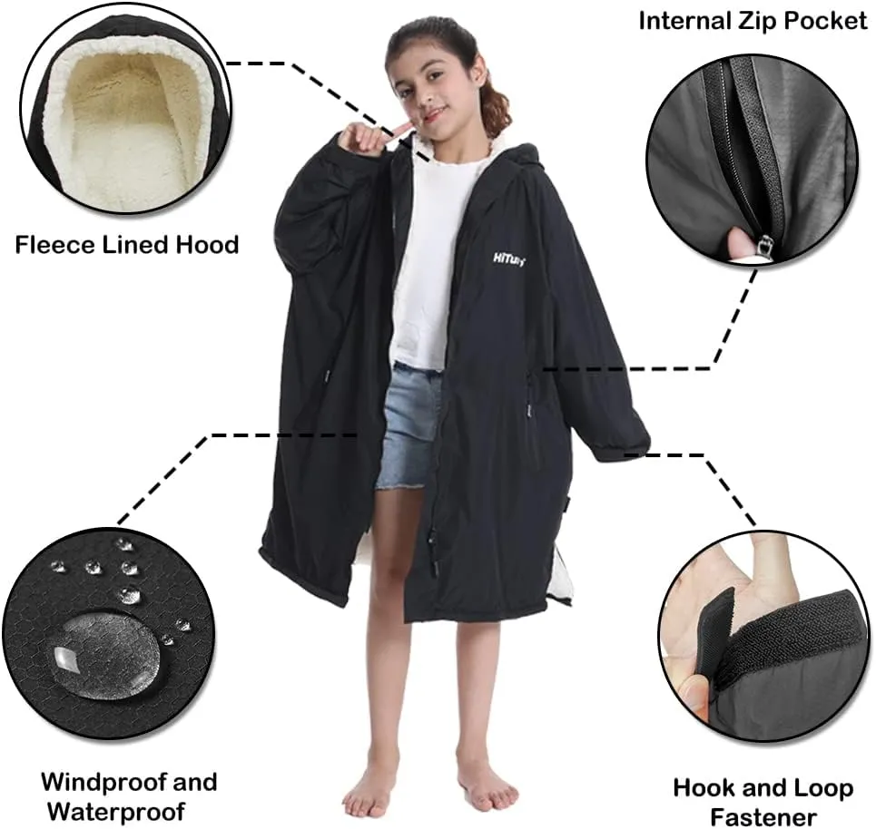 Hiturbo Warm Kids Swim Parka: Waterproof Changing Robe - Oversize Swimming Coat - Hooded Surf Poncho - Thick Lining (7-14Y)