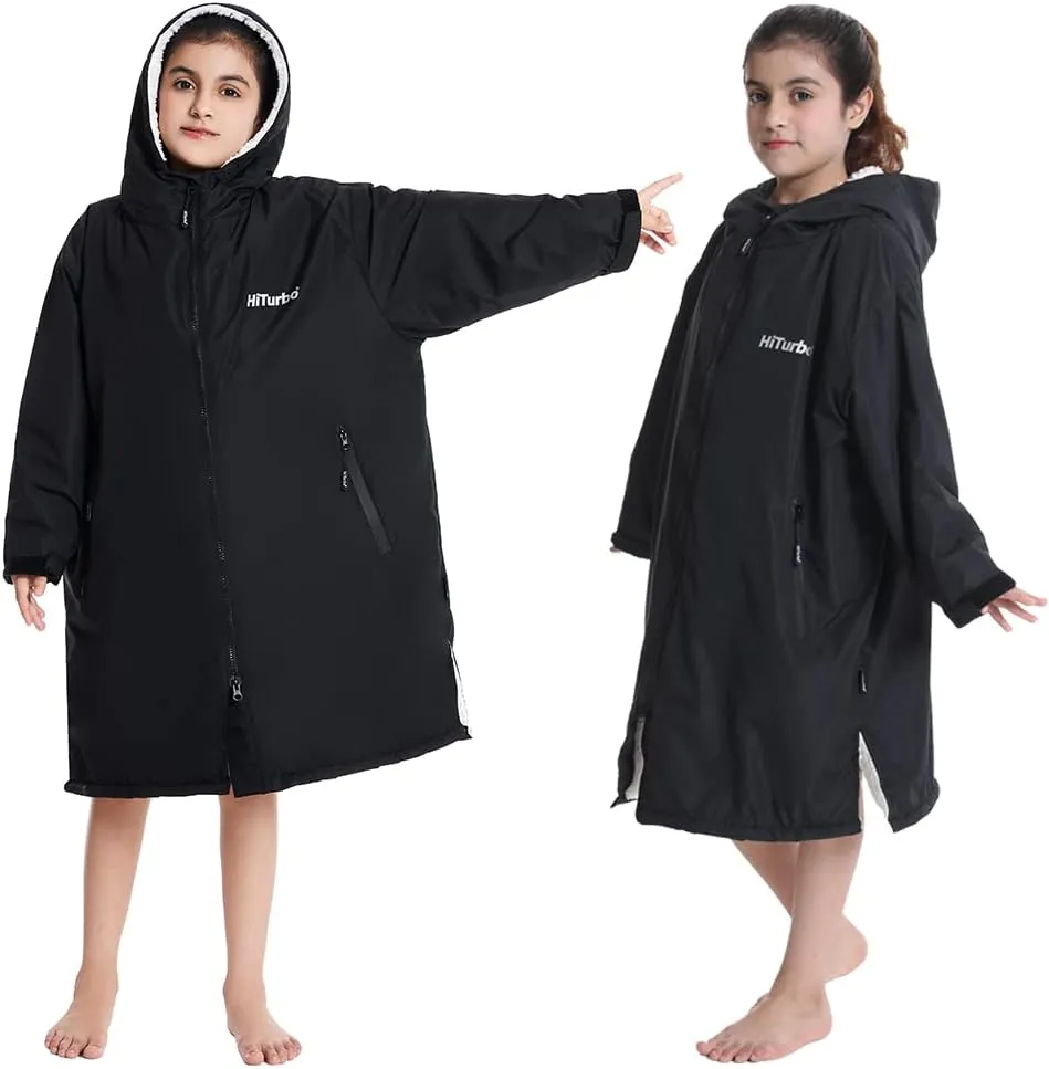 Hiturbo Warm Kids Swim Parka: Waterproof Changing Robe - Oversize Swimming Coat - Hooded Surf Poncho - Thick Lining (7-14Y)