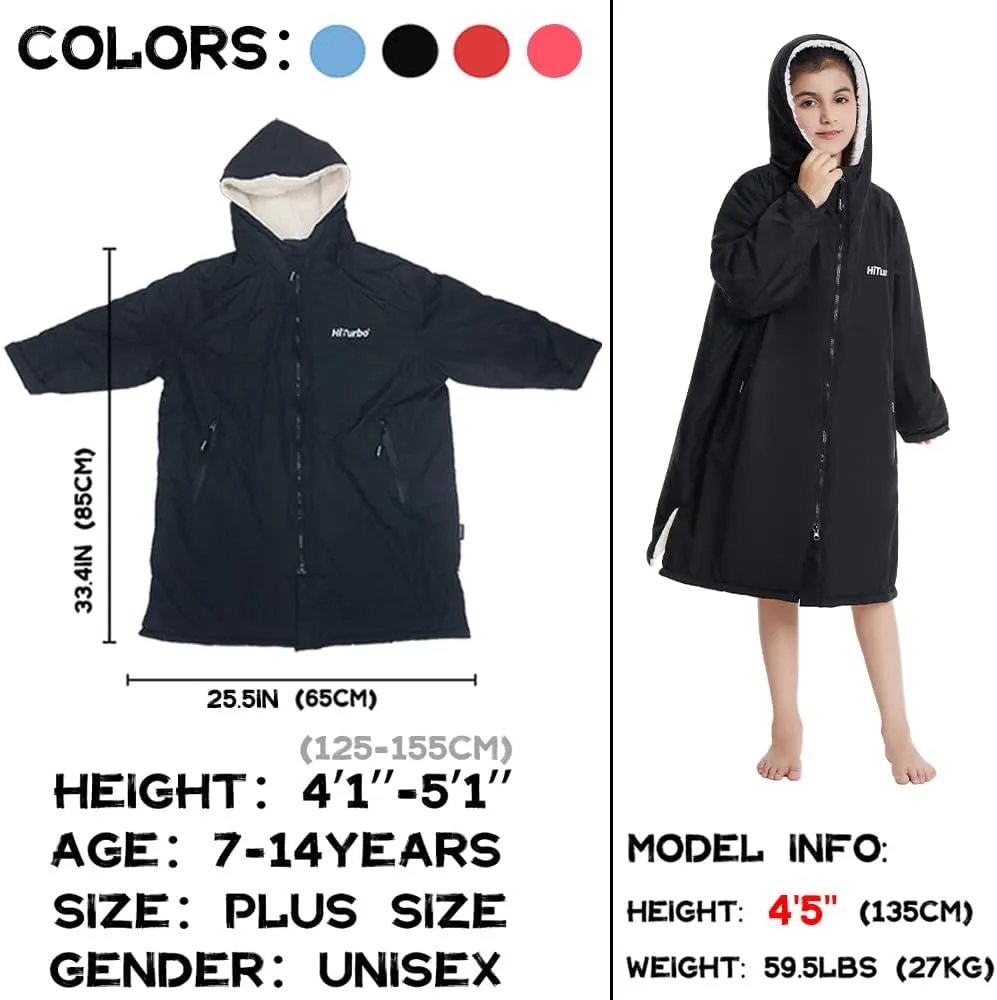 Hiturbo Warm Kids Swim Parka: Waterproof Changing Robe - Oversize Swimming Coat - Hooded Surf Poncho - Thick Lining (7-14Y)