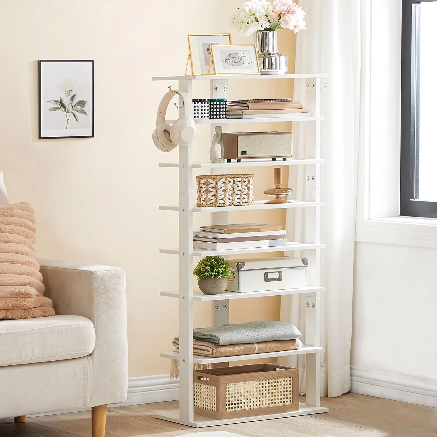 HOOBRO Vertical Shoe Rack, 8 Tier Wooden Shoe Storage Organizer with Hooks, Narrow Shoe Tower for 16 Pairs, Space Saving, for Entryway, Living Room, Bedroom, White WT750XJ01