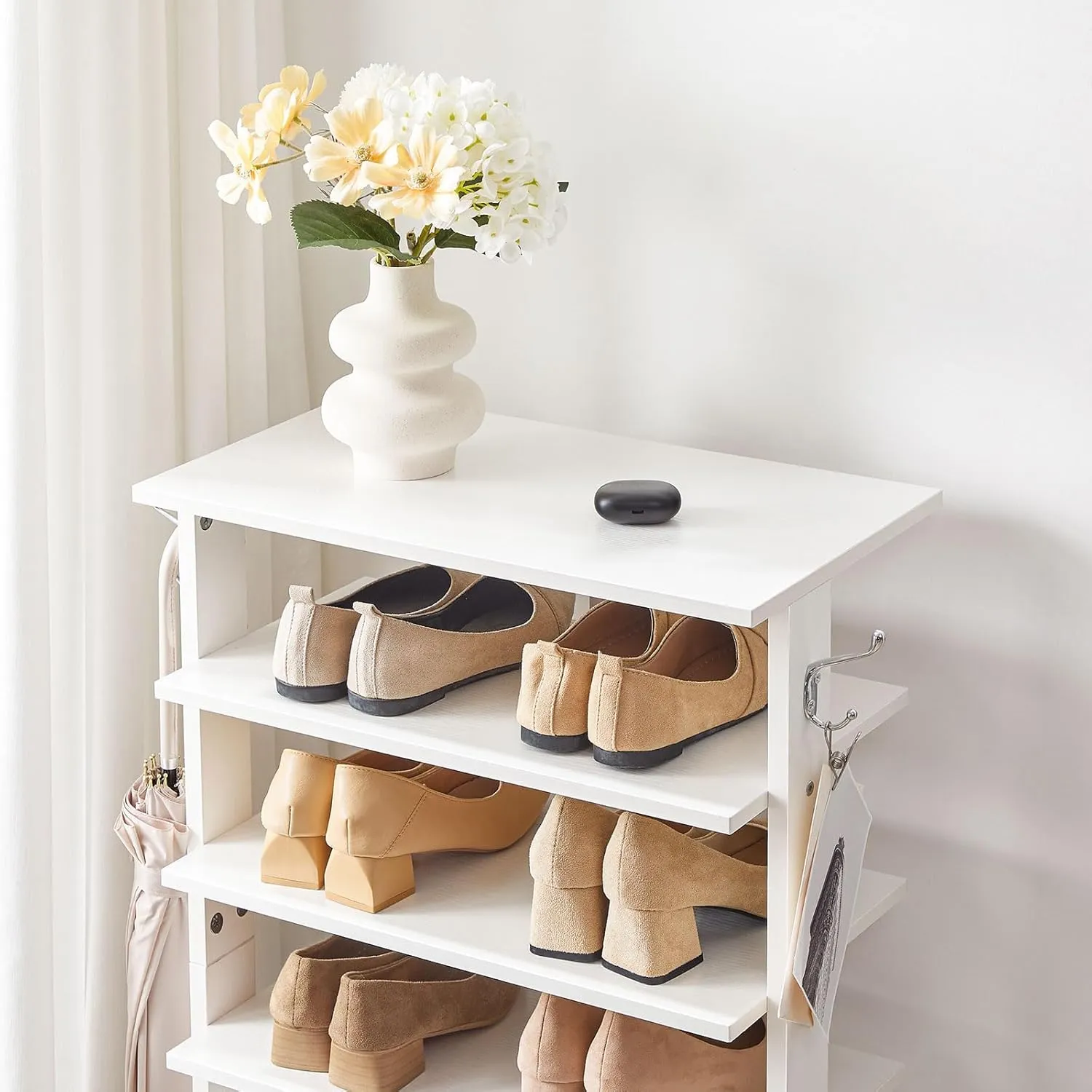 HOOBRO Vertical Shoe Rack, 8 Tier Wooden Shoe Storage Organizer with Hooks, Narrow Shoe Tower for 16 Pairs, Space Saving, for Entryway, Living Room, Bedroom, White WT750XJ01