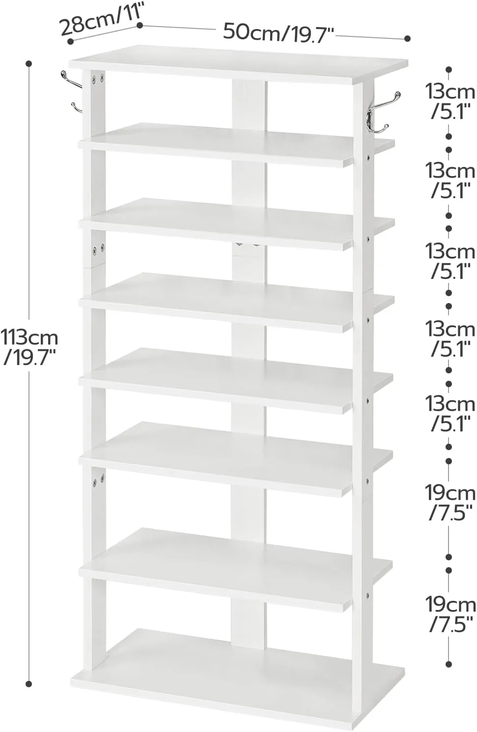 HOOBRO Vertical Shoe Rack, 8 Tier Wooden Shoe Storage Organizer with Hooks, Narrow Shoe Tower for 16 Pairs, Space Saving, for Entryway, Living Room, Bedroom, White WT750XJ01