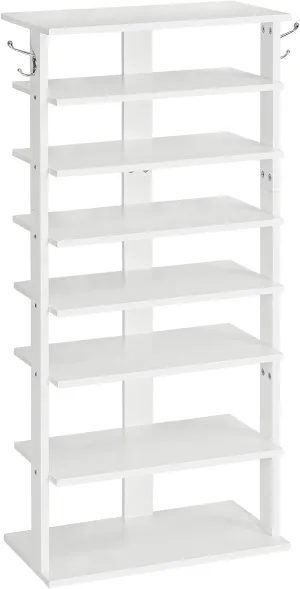 HOOBRO Vertical Shoe Rack, 8 Tier Wooden Shoe Storage Organizer with Hooks, Narrow Shoe Tower for 16 Pairs, Space Saving, for Entryway, Living Room, Bedroom, White WT750XJ01