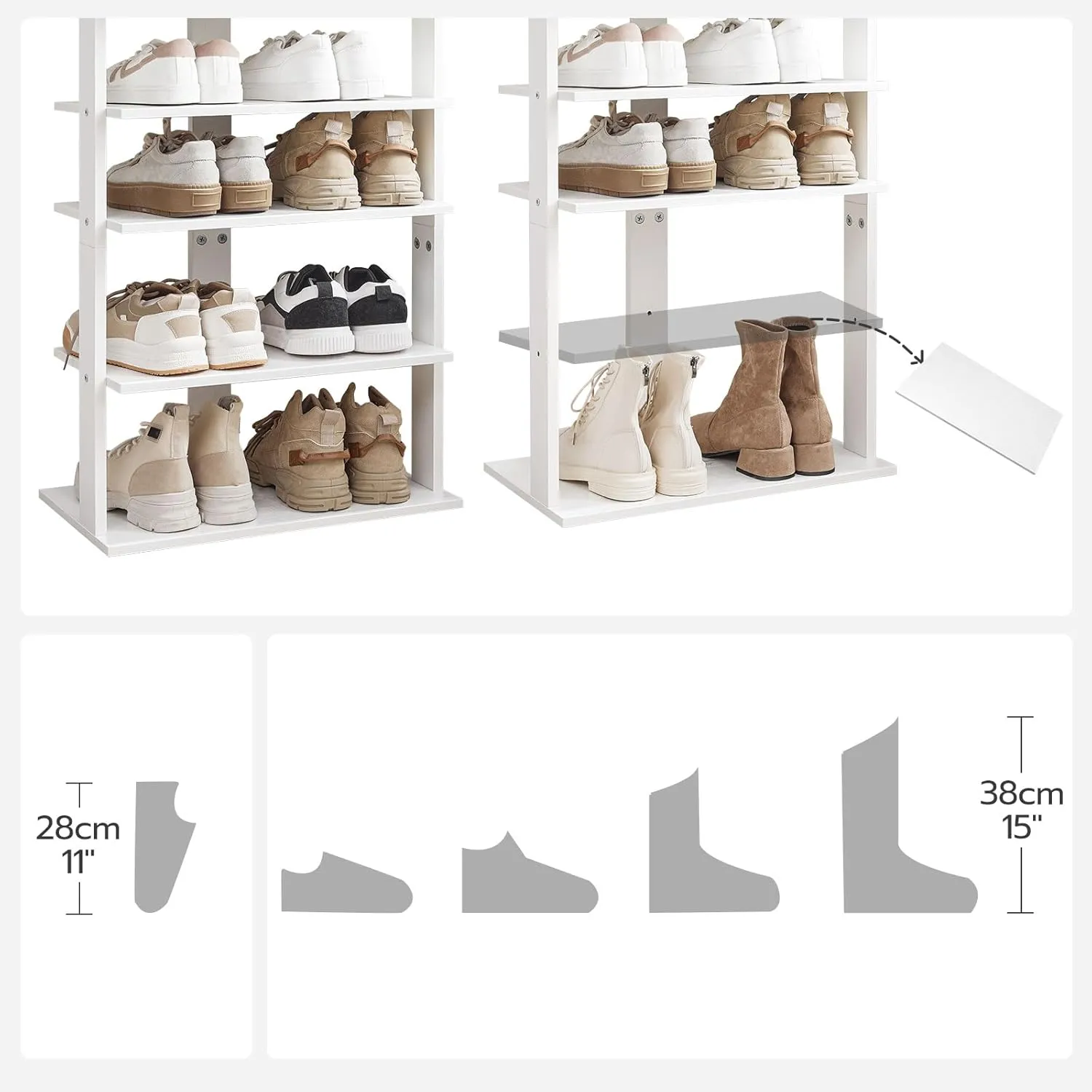 HOOBRO Vertical Shoe Rack, 8 Tier Wooden Shoe Storage Organizer with Hooks, Narrow Shoe Tower for 16 Pairs, Space Saving, for Entryway, Living Room, Bedroom, White WT750XJ01