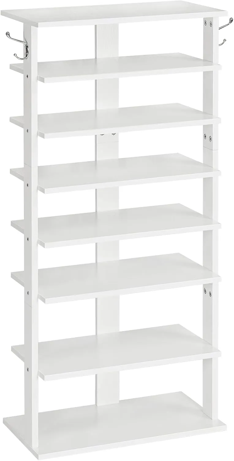 HOOBRO Vertical Shoe Rack, 8 Tier Wooden Shoe Storage Organizer with Hooks, Narrow Shoe Tower for 16 Pairs, Space Saving, for Entryway, Living Room, Bedroom, White WT750XJ01