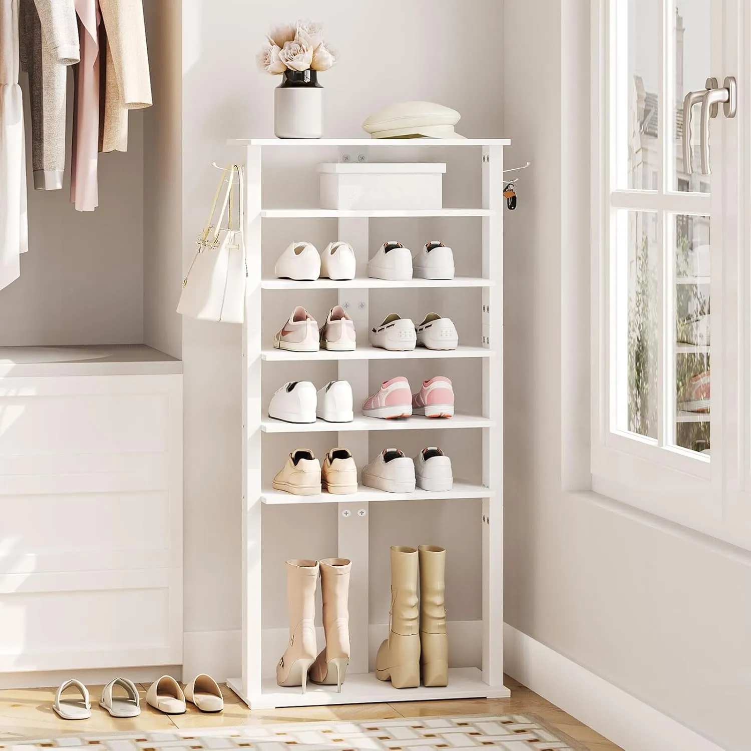 HOOBRO Vertical Shoe Rack, 8 Tier Wooden Shoe Storage Organizer with Hooks, Narrow Shoe Tower for 16 Pairs, Space Saving, for Entryway, Living Room, Bedroom, White WT750XJ01
