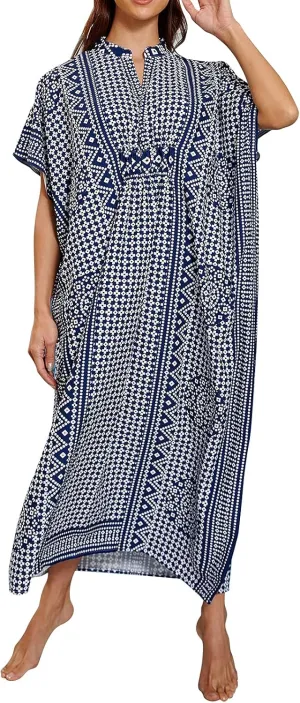 Hoperay Swimsuit Cover Ups for Women Beach Dresses, GreenEmbroidered Caftans Long Sleeve Floral Print Kaftans Side Split Summer Beachwear, One Size