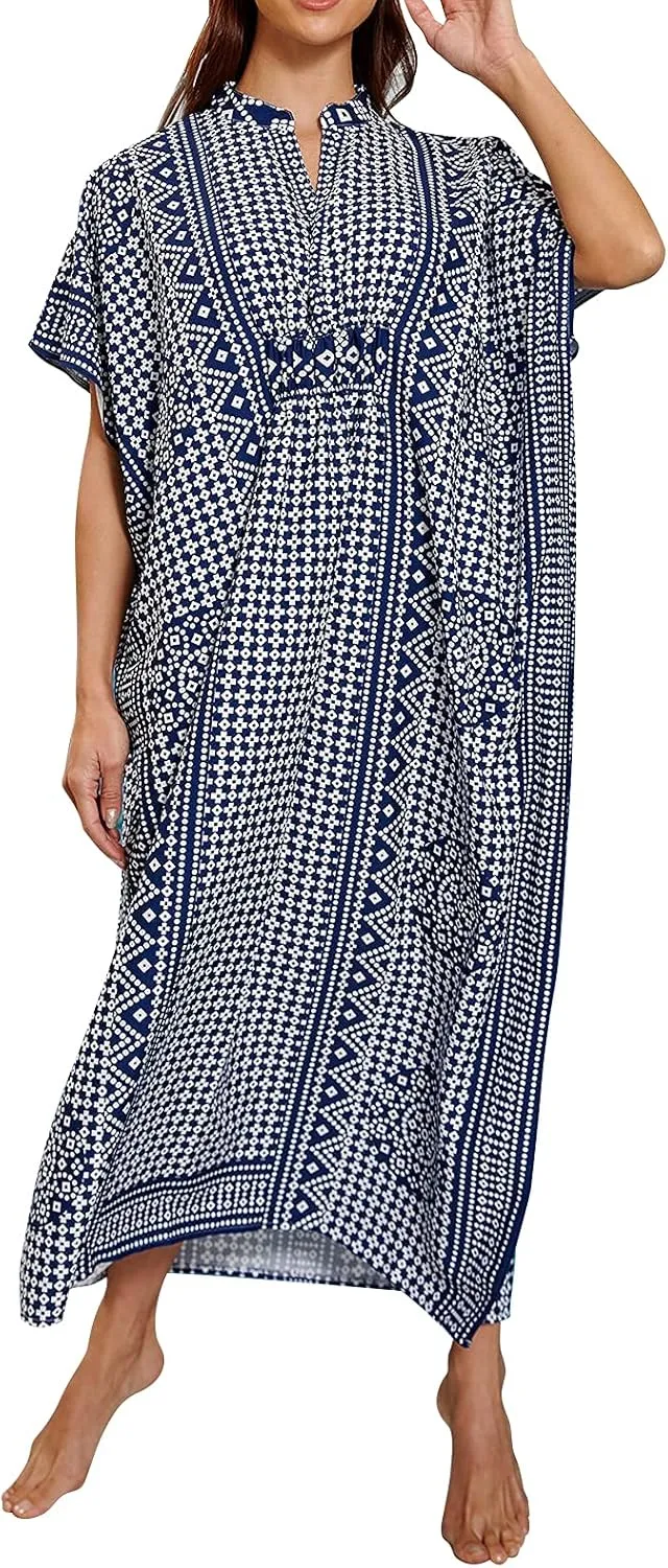 Hoperay Swimsuit Cover Ups for Women Beach Dresses, GreenEmbroidered Caftans Long Sleeve Floral Print Kaftans Side Split Summer Beachwear, One Size