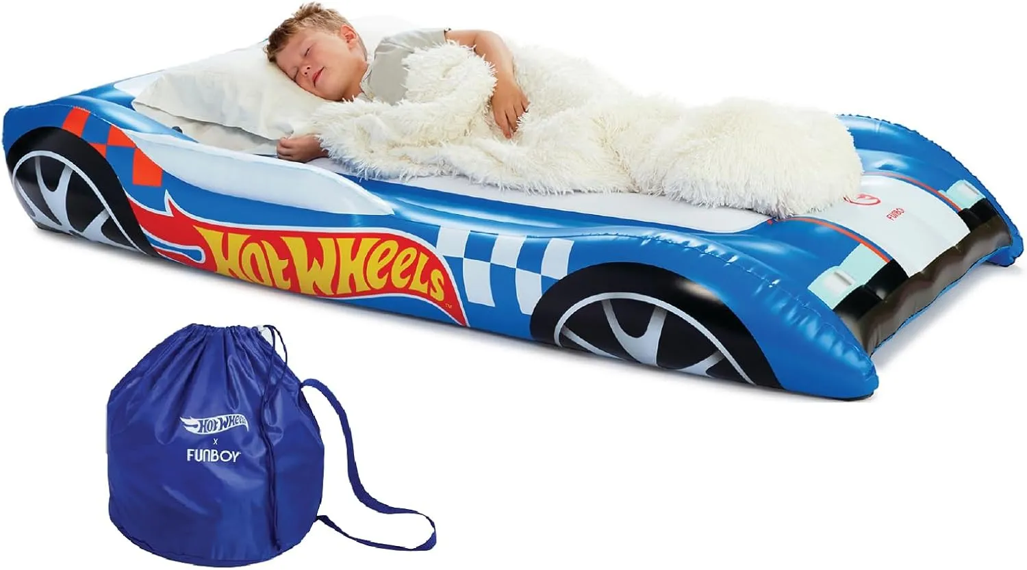Hot Wheels & FUNBOY Kids Sleepover Bed & Air Mattress. Perfect for Sleepovers. Includes Carrying Storage Bag, Twin