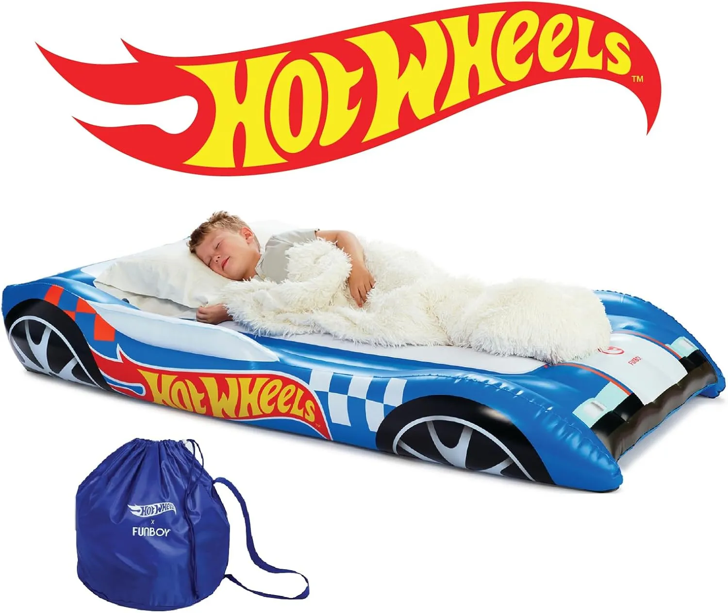 Hot Wheels & FUNBOY Kids Sleepover Bed & Air Mattress. Perfect for Sleepovers. Includes Carrying Storage Bag, Twin