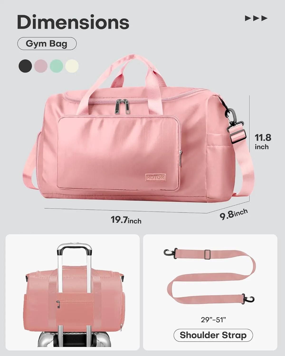 HOTOR Gym Bag for Men and Women - Travel Duffle Bag with Shoe Compartment and Waterproof Pocket, Carry on Luggage with Trolley Sleeve for Sports, Weekend Trips, Pink, 19.7" × 9.8" × 11.8"