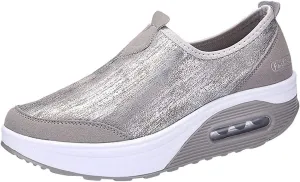 HOTRA Orthopedic Sneakers ​Moccasins Women Boots Platform Wedge Walking Shoes Leather Memory Foam Slip On Casual Trainers (Color : Silver 1, Size : 6 US)