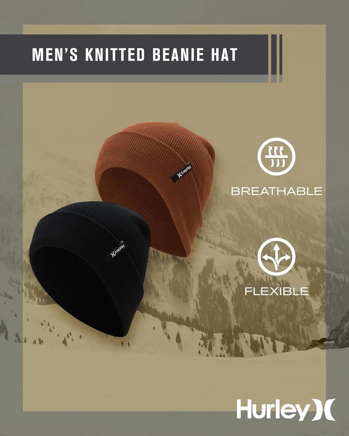 Hurley Men's Brigade Beanie Set - 2 Pack Double Layered Flat Knit Beanies for Men - Men's Soft Cuffed Winter Beanie Hats