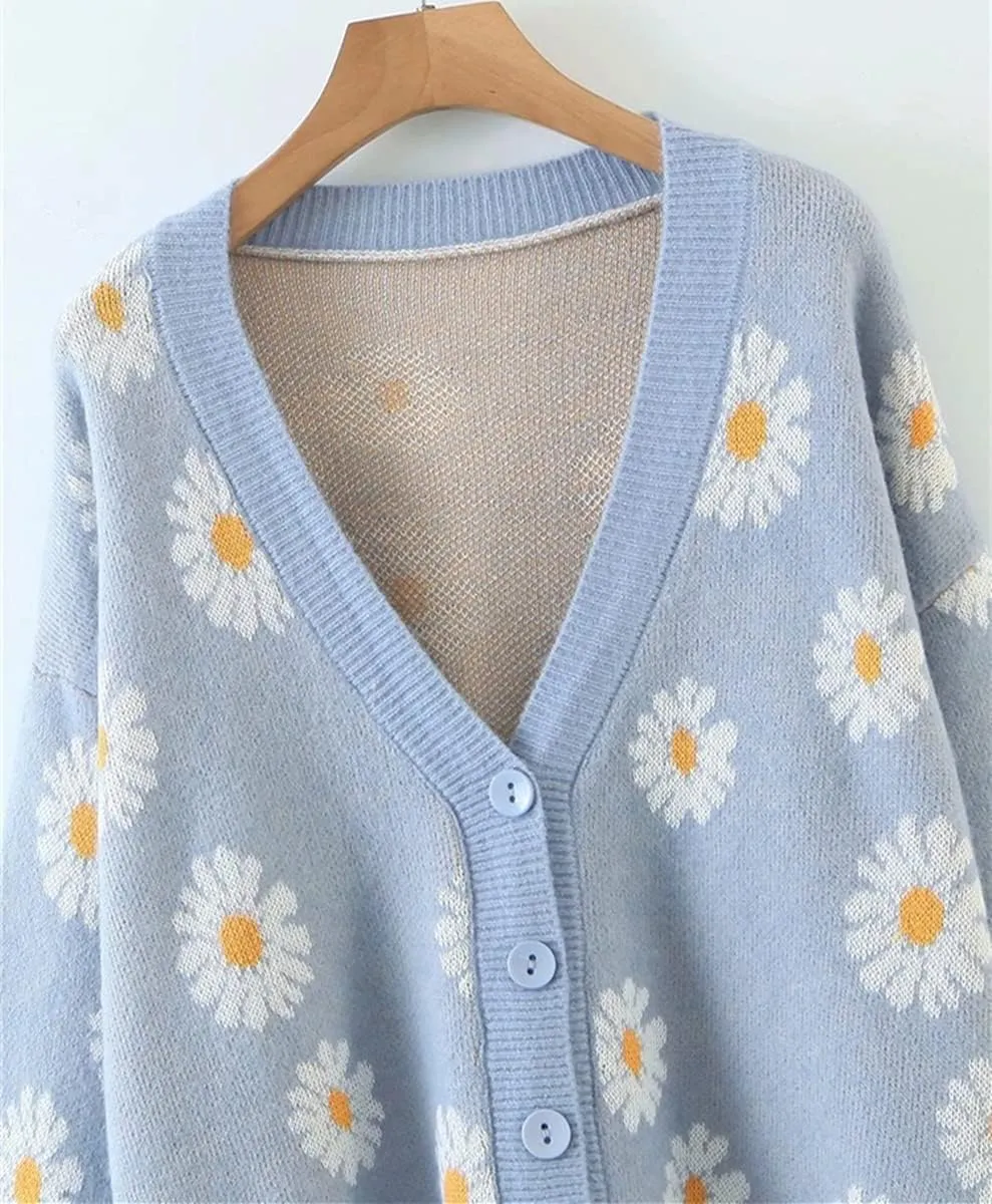 Hyipels Women's Long Sleeve Cardigan Sweater,Cute Y2K Top Knit Colorful Patterned V Neck Button Outwear S~XL