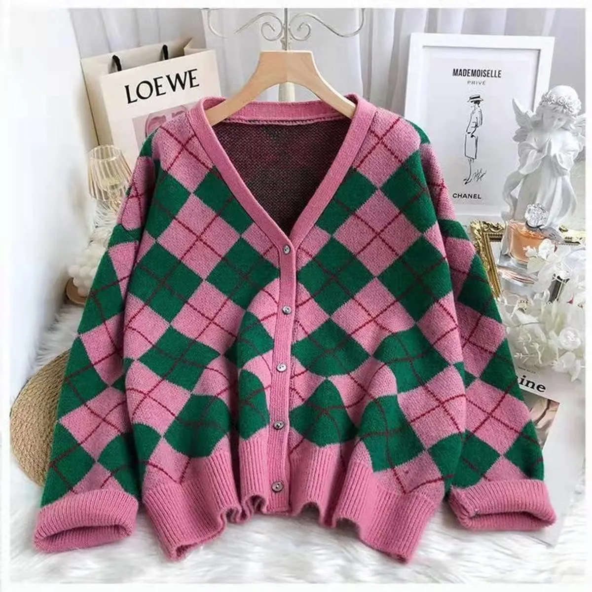 Hyipels Women's Long Sleeve Cardigan Sweater,Cute Y2K Top Knit Colorful Patterned V Neck Button Outwear S~XL