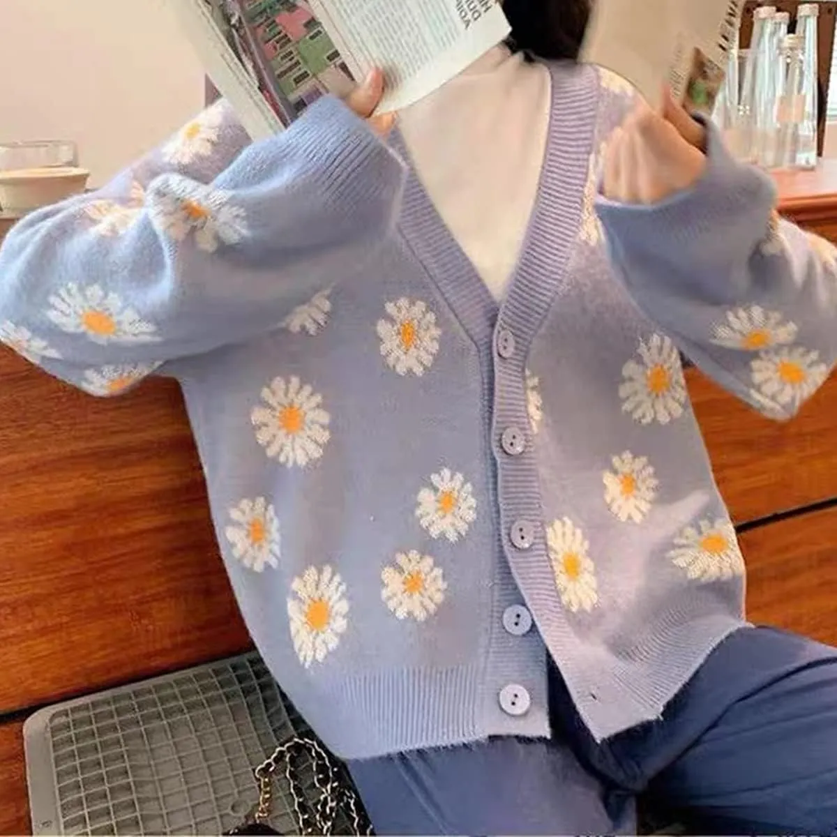 Hyipels Women's Long Sleeve Cardigan Sweater,Cute Y2K Top Knit Colorful Patterned V Neck Button Outwear S~XL