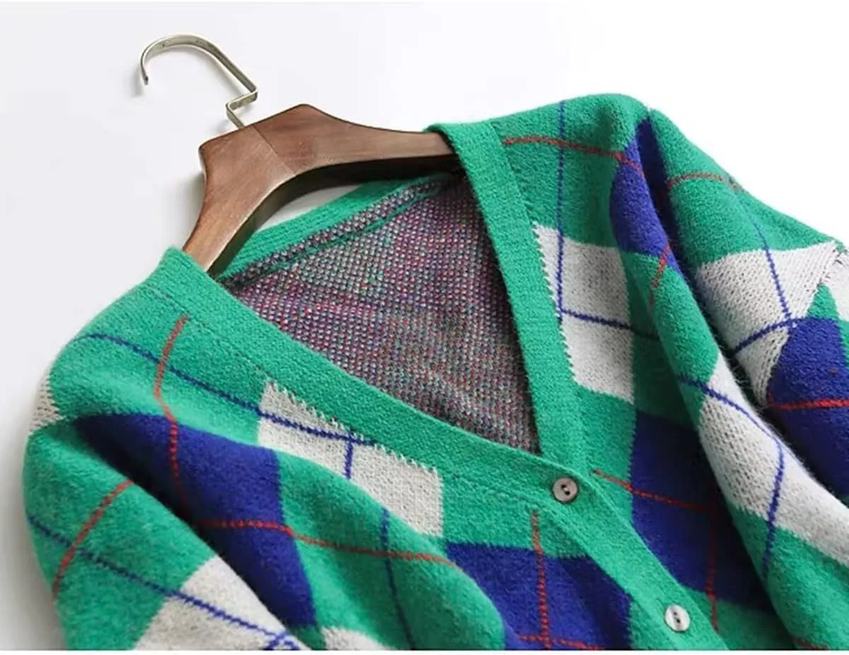 Hyipels Women's Long Sleeve Cardigan Sweater,Cute Y2K Top Knit Colorful Patterned V Neck Button Outwear S~XL