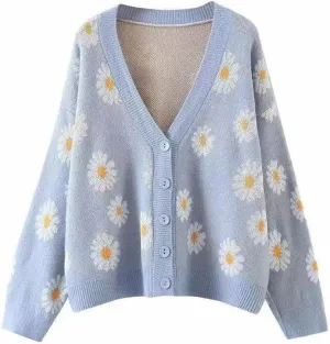 Hyipels Women's Long Sleeve Cardigan Sweater,Cute Y2K Top Knit Colorful Patterned V Neck Button Outwear S~XL