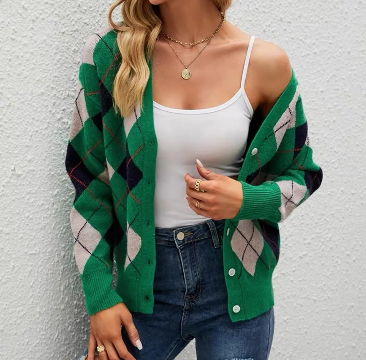 Hyipels Women's Long Sleeve Cardigan Sweater,Cute Y2K Top Knit Colorful Patterned V Neck Button Outwear S~XL