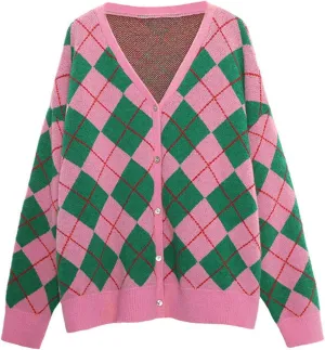Hyipels Women's Long Sleeve Cardigan Sweater,Cute Y2K Top Knit Colorful Patterned V Neck Button Outwear S~XL