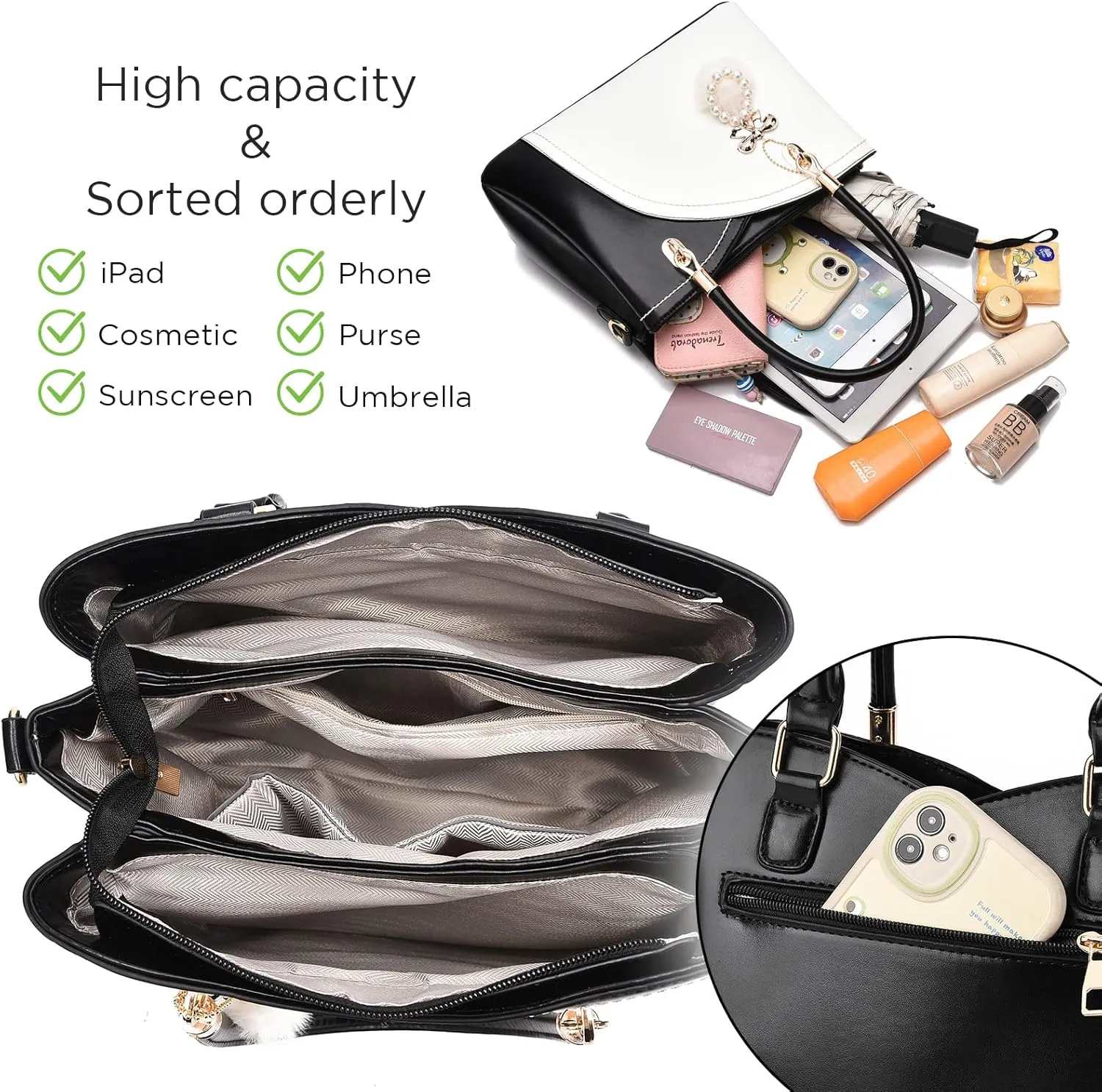 I IHAYNER Womens Leather Handbags Purses for Girls Top-handle Large Totes Satchel Shoulder Bag for Ladies with Pompom