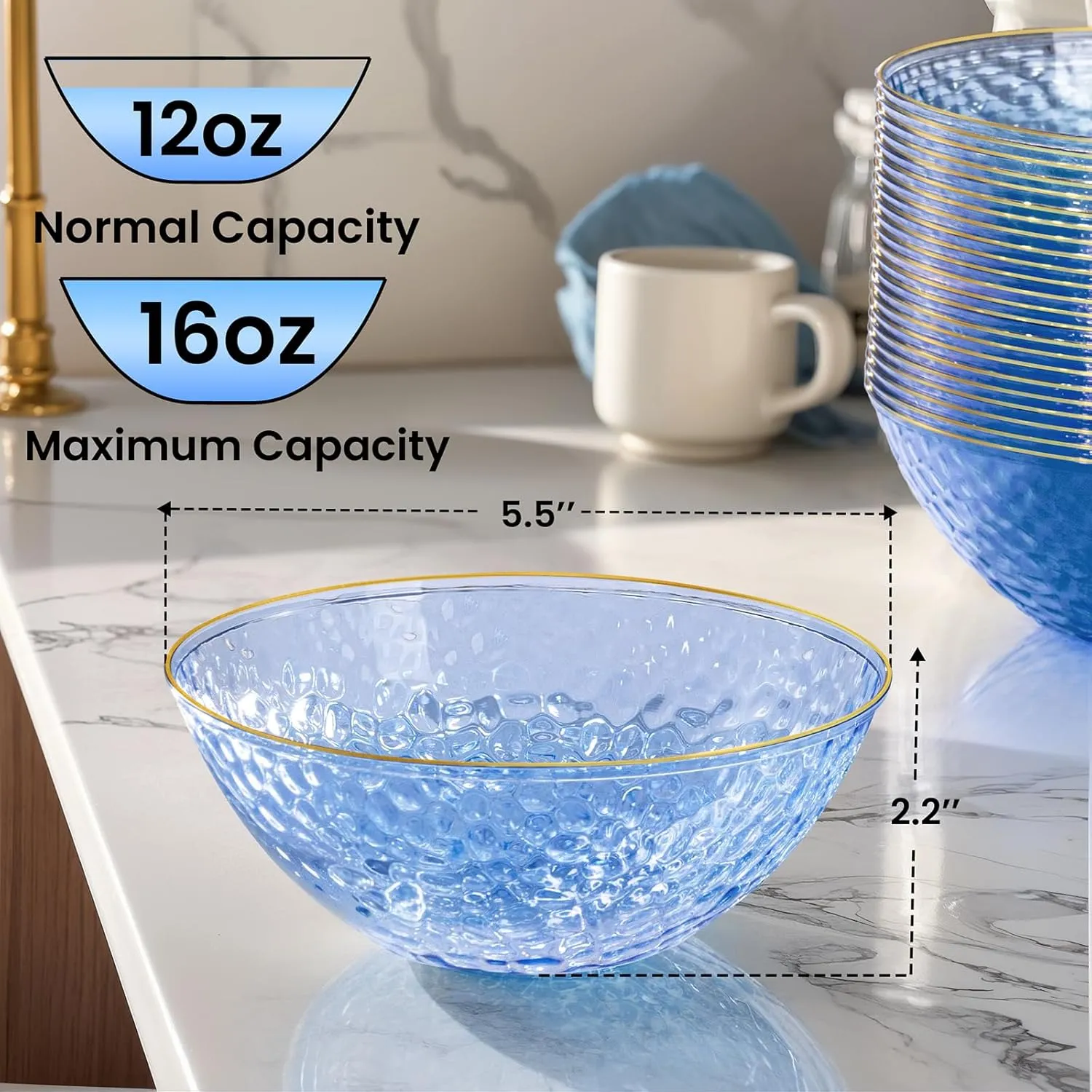 I00000 30 Pack 12-16 Ounce Blue Plastic Bowls Hammered Gold Rimmed Crystal Like, Heavy duty Disposable Bowl Set,Elegant Soup/Salad/Dessert/Ice Cream Bowls For Party, Weddings, Catering