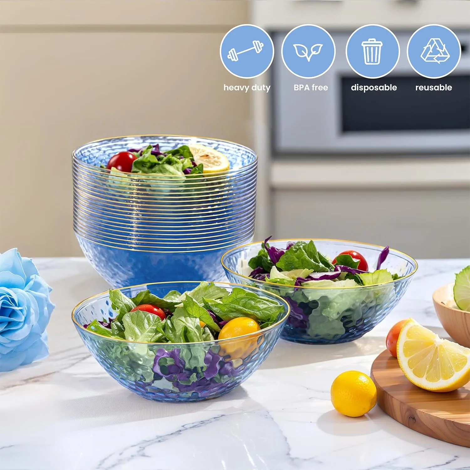 I00000 30 Pack 12-16 Ounce Blue Plastic Bowls Hammered Gold Rimmed Crystal Like, Heavy duty Disposable Bowl Set,Elegant Soup/Salad/Dessert/Ice Cream Bowls For Party, Weddings, Catering