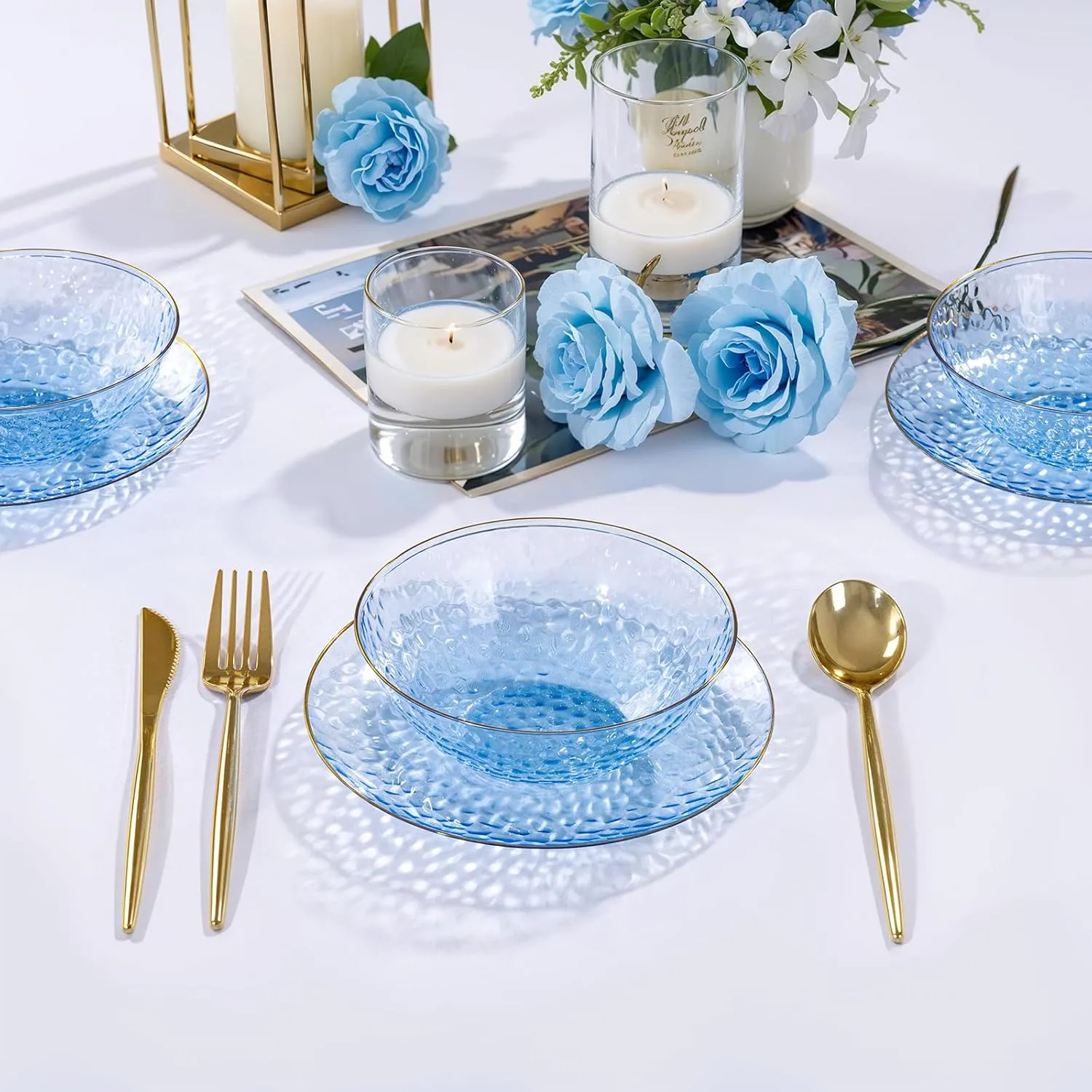 I00000 30 Pack 12-16 Ounce Blue Plastic Bowls Hammered Gold Rimmed Crystal Like, Heavy duty Disposable Bowl Set,Elegant Soup/Salad/Dessert/Ice Cream Bowls For Party, Weddings, Catering