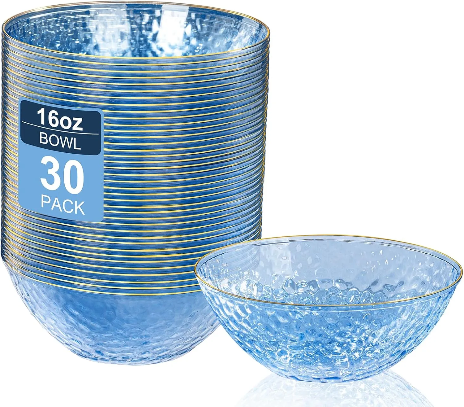 I00000 30 Pack 12-16 Ounce Blue Plastic Bowls Hammered Gold Rimmed Crystal Like, Heavy duty Disposable Bowl Set,Elegant Soup/Salad/Dessert/Ice Cream Bowls For Party, Weddings, Catering