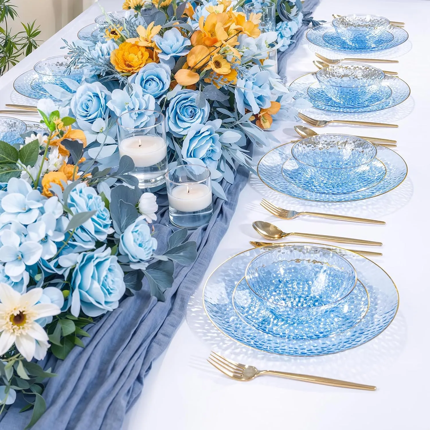 I00000 30 Pack 12-16 Ounce Blue Plastic Bowls Hammered Gold Rimmed Crystal Like, Heavy duty Disposable Bowl Set,Elegant Soup/Salad/Dessert/Ice Cream Bowls For Party, Weddings, Catering