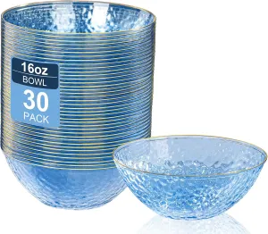 I00000 30 Pack 12-16 Ounce Blue Plastic Bowls Hammered Gold Rimmed Crystal Like, Heavy duty Disposable Bowl Set,Elegant Soup/Salad/Dessert/Ice Cream Bowls For Party, Weddings, Catering
