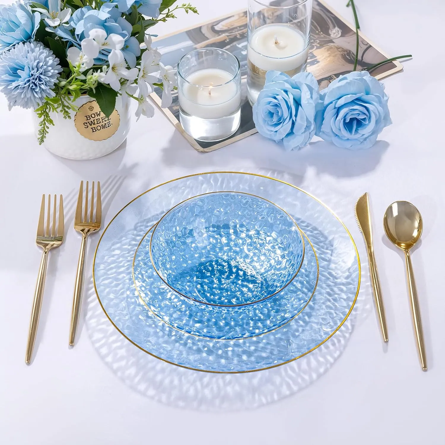 I00000 30 Pack 12-16 Ounce Blue Plastic Bowls Hammered Gold Rimmed Crystal Like, Heavy duty Disposable Bowl Set,Elegant Soup/Salad/Dessert/Ice Cream Bowls For Party, Weddings, Catering