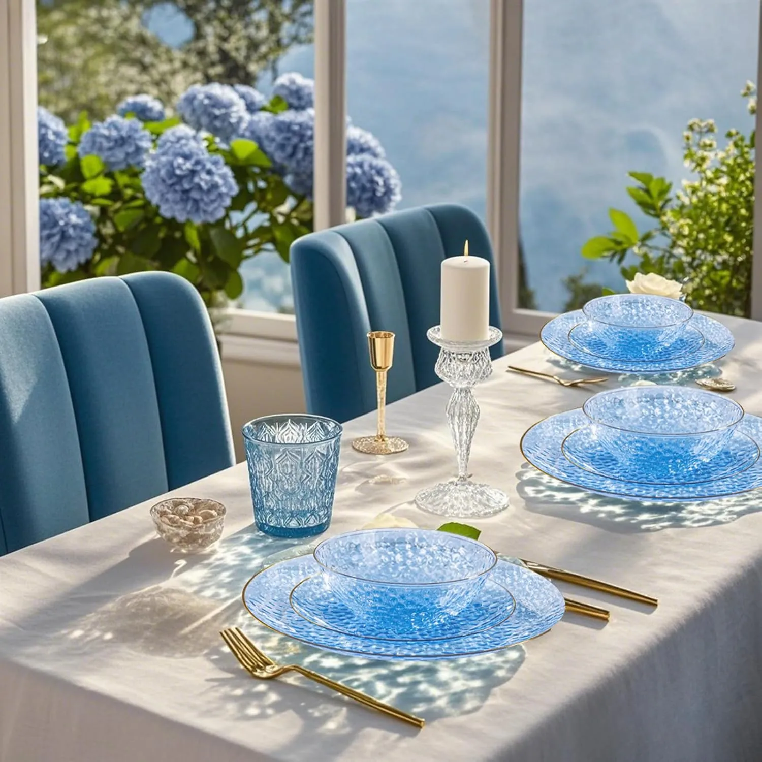I00000 30 Pack 12-16 Ounce Blue Plastic Bowls Hammered Gold Rimmed Crystal Like, Heavy duty Disposable Bowl Set,Elegant Soup/Salad/Dessert/Ice Cream Bowls For Party, Weddings, Catering