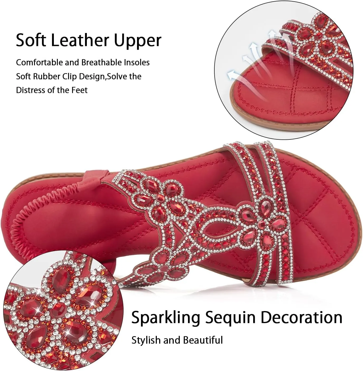 iCKER Women Rhinestone Sandals T-Strap Buckle Bohemian Pearl Crystal Flat Sandals