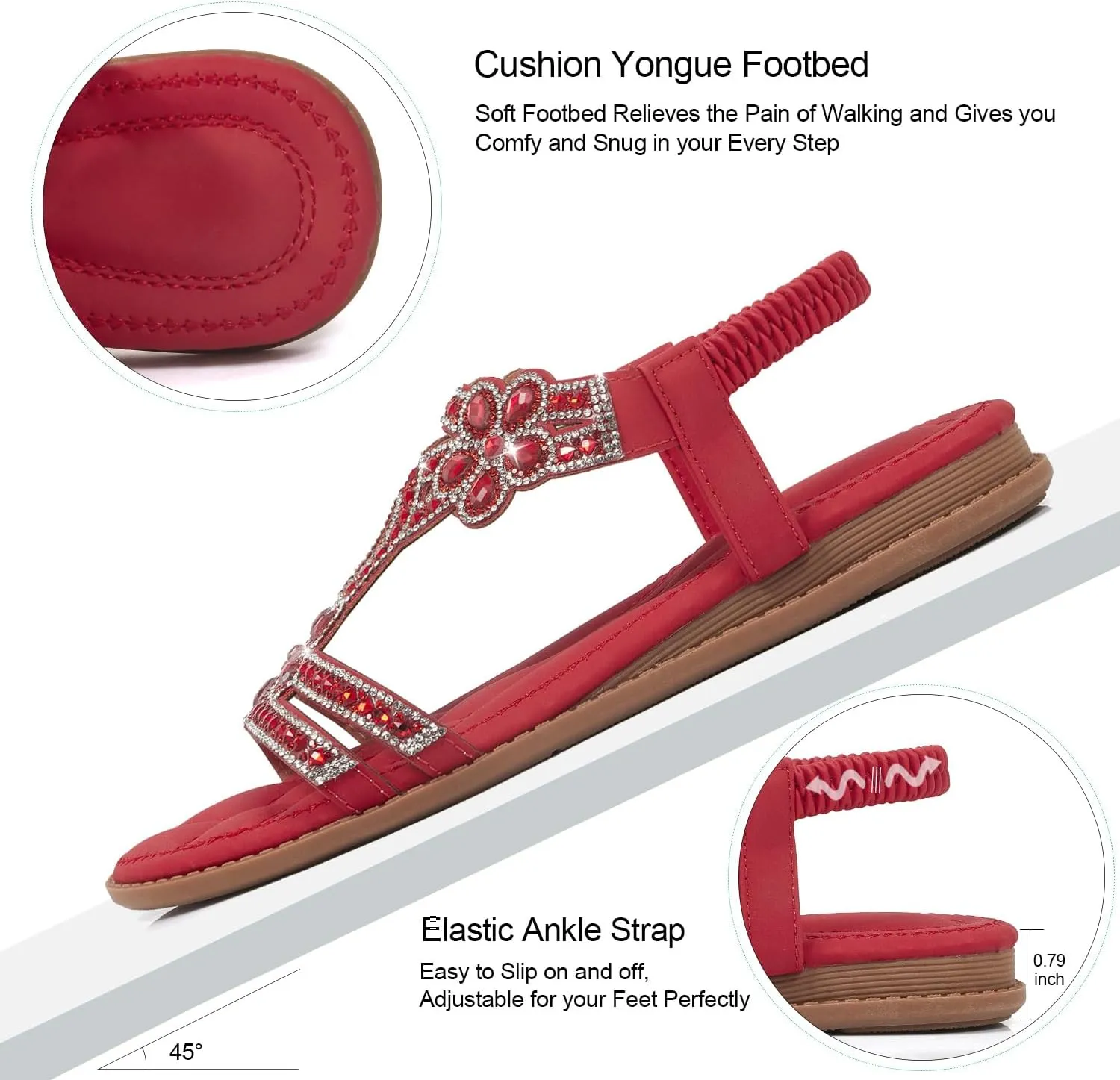 iCKER Women Rhinestone Sandals T-Strap Buckle Bohemian Pearl Crystal Flat Sandals