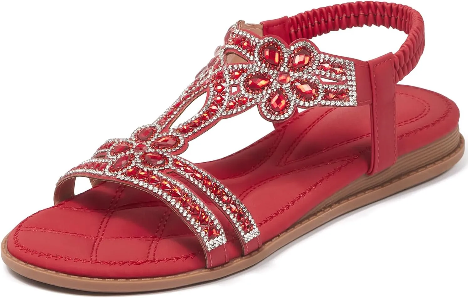 iCKER Women Rhinestone Sandals T-Strap Buckle Bohemian Pearl Crystal Flat Sandals