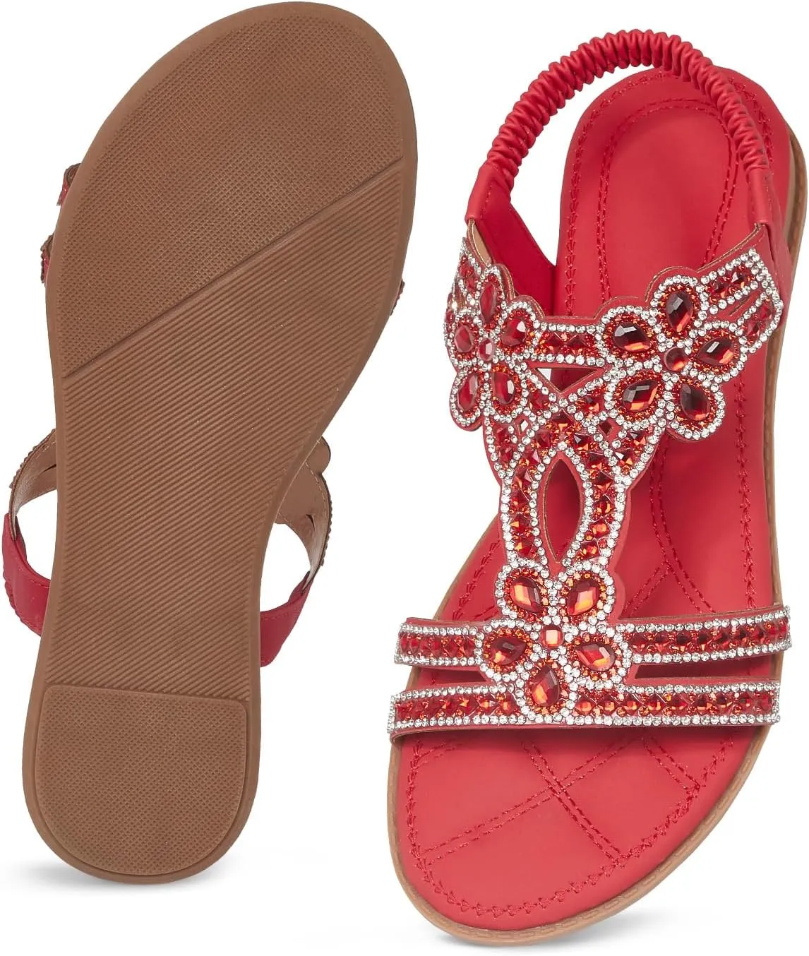iCKER Women Rhinestone Sandals T-Strap Buckle Bohemian Pearl Crystal Flat Sandals