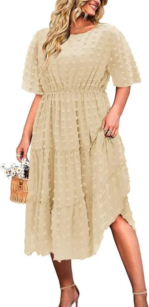 IN'VOLAND Womens Plus Size Swiss Dot Dress Chiffon Short Sleeve High Waist A Line Ruffle Tiered Babydoll Midi Dress