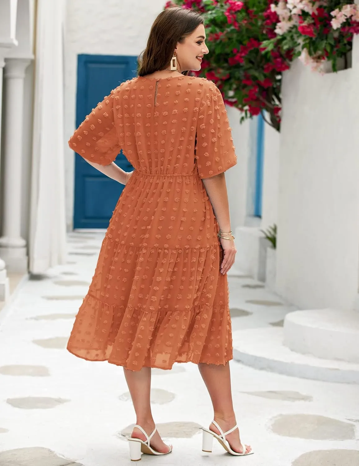 IN'VOLAND Womens Plus Size Swiss Dot Dress Chiffon Short Sleeve High Waist A Line Ruffle Tiered Babydoll Midi Dress