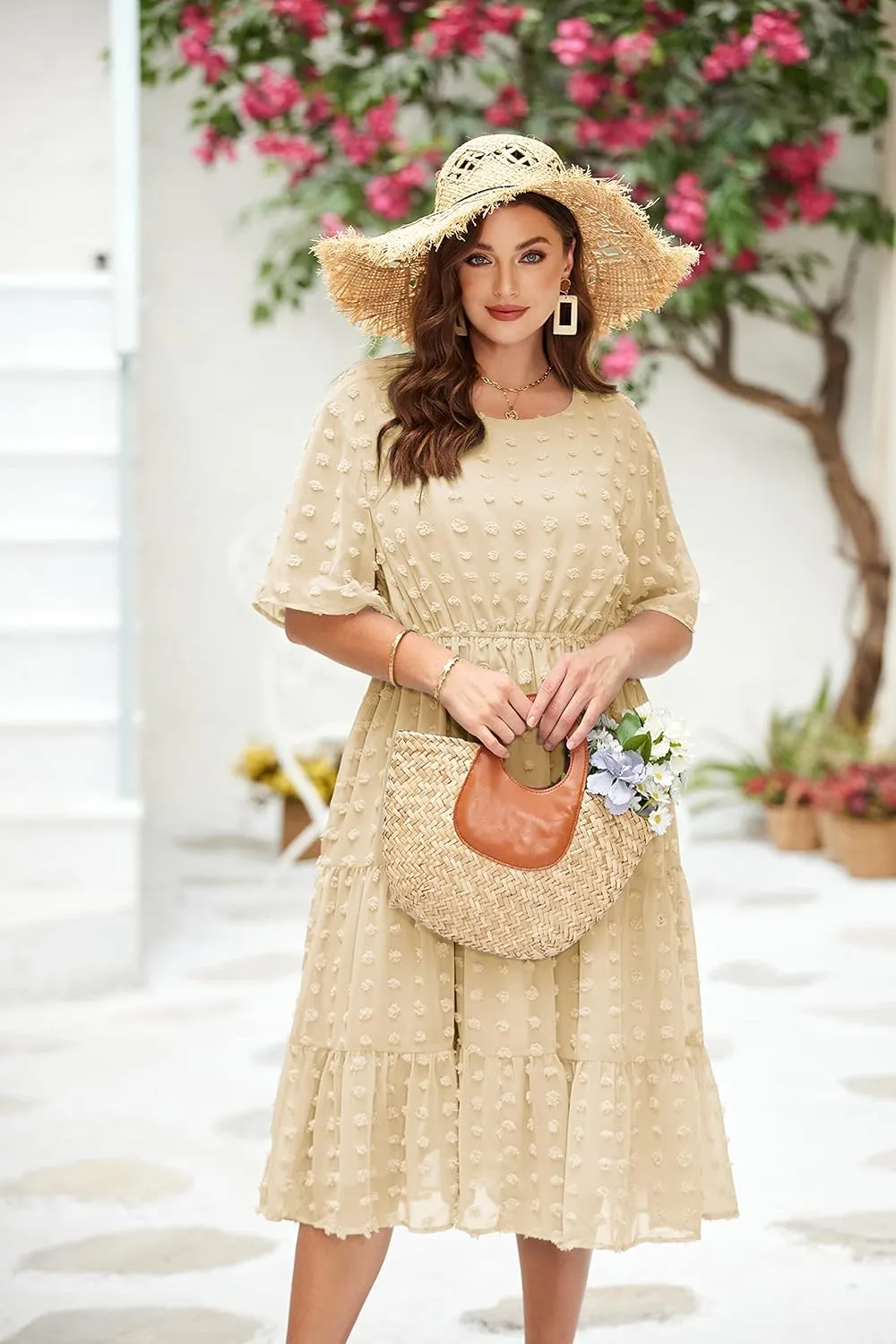 IN'VOLAND Womens Plus Size Swiss Dot Dress Chiffon Short Sleeve High Waist A Line Ruffle Tiered Babydoll Midi Dress