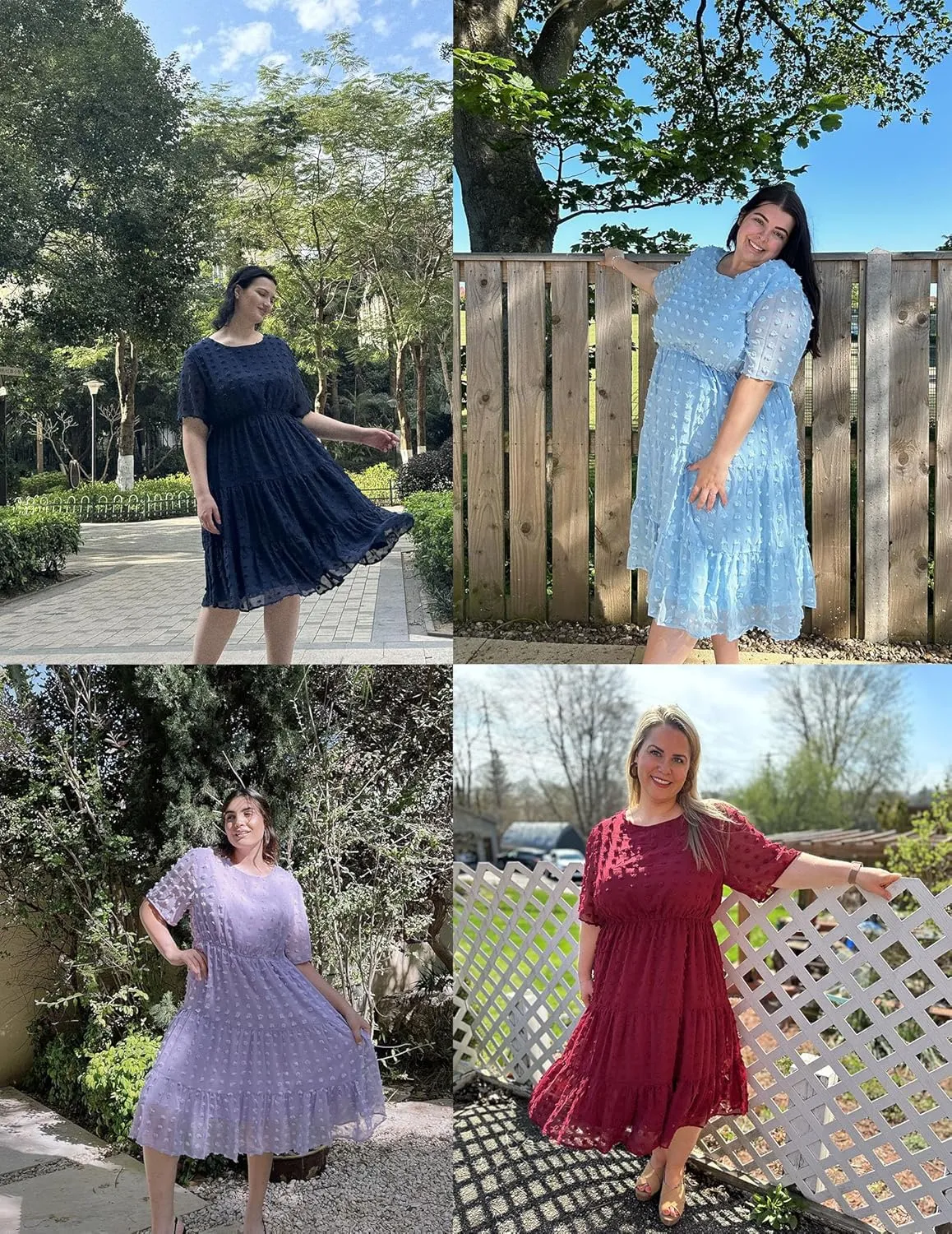 IN'VOLAND Womens Plus Size Swiss Dot Dress Chiffon Short Sleeve High Waist A Line Ruffle Tiered Babydoll Midi Dress