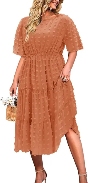 IN'VOLAND Womens Plus Size Swiss Dot Dress Chiffon Short Sleeve High Waist A Line Ruffle Tiered Babydoll Midi Dress