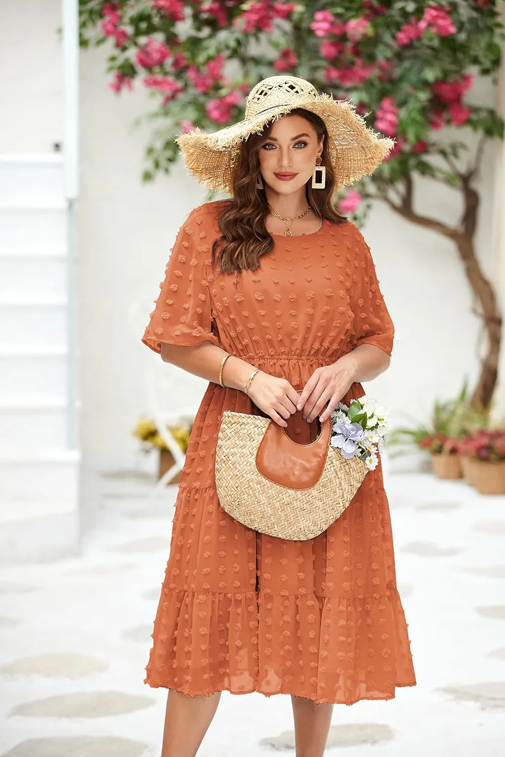 IN'VOLAND Womens Plus Size Swiss Dot Dress Chiffon Short Sleeve High Waist A Line Ruffle Tiered Babydoll Midi Dress