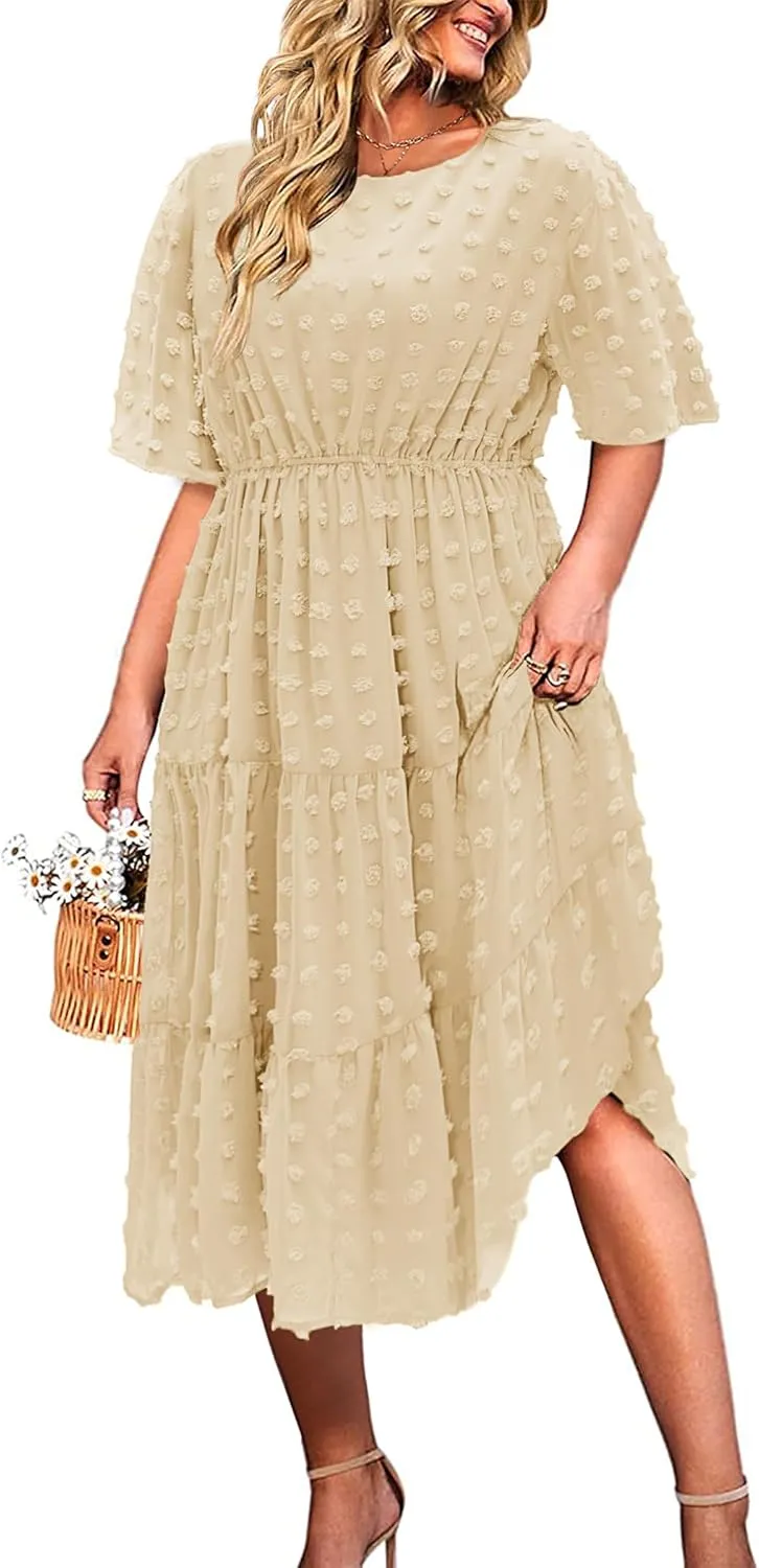 IN'VOLAND Womens Plus Size Swiss Dot Dress Chiffon Short Sleeve High Waist A Line Ruffle Tiered Babydoll Midi Dress