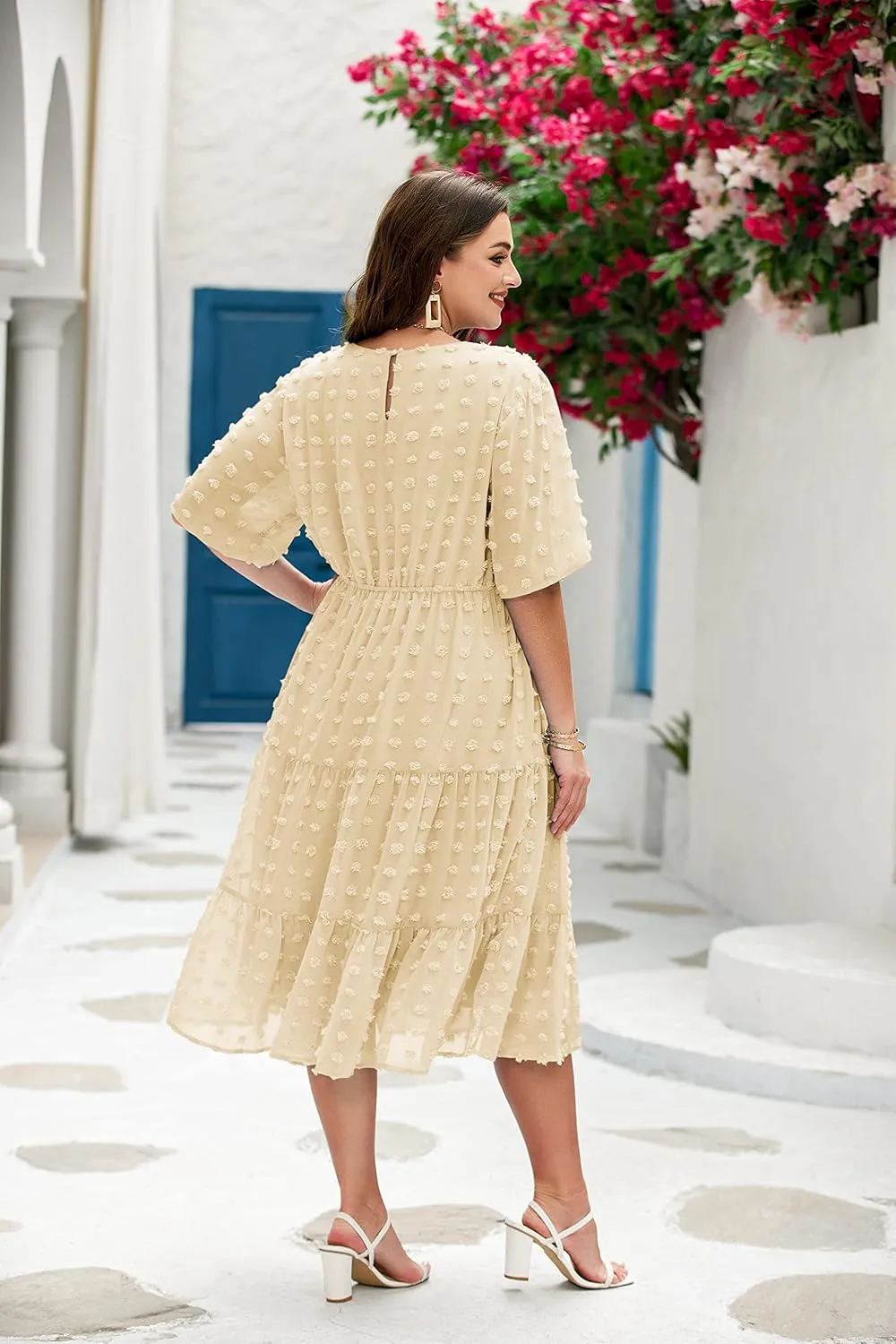 IN'VOLAND Womens Plus Size Swiss Dot Dress Chiffon Short Sleeve High Waist A Line Ruffle Tiered Babydoll Midi Dress